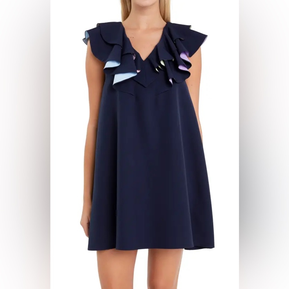 English Factory Navy Blue Dress with multicolor ruffle Details. Size small. NWT